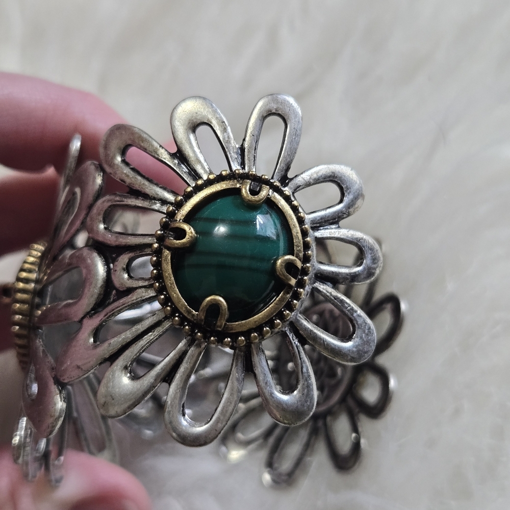 LUCKY BRAND Boho Southwest Faux Turquoise Malachite Flower Cuff Bracelet Western - Picture 10 of 15